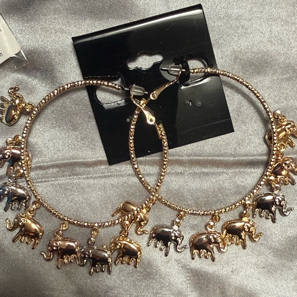 Gold and Silver Elephant Charm Hoop Earrings